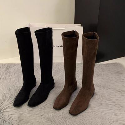 Mode Effen Kleur Klassiek Designer Retro Dames Kniehoge Laarzen Wintermode Vierkante Lage Hakken Schoenen Slanke Lange Botas De Mujer