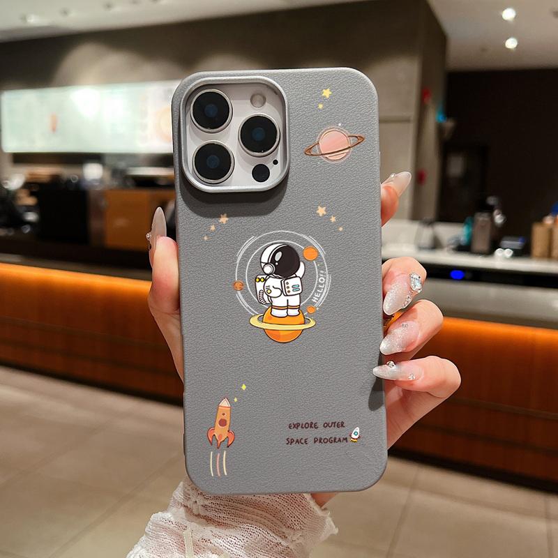 Cartoon Astronaut Leather Texture Soft Case For iPhone 16 15 14 Pro Max 15 Plus 13 12 Pro Max 11 Shockproof Silicone Phone Cover