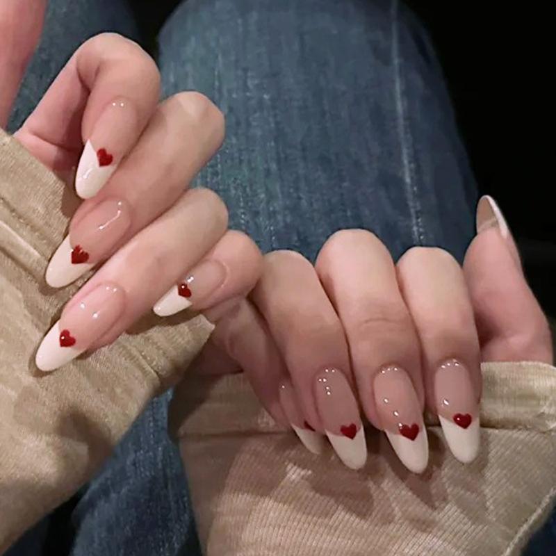 24Pcs Lovely French Heart Love False Nails With Jelly Adhesive Detachable Fake Fingernails Full Cover Press On Nails