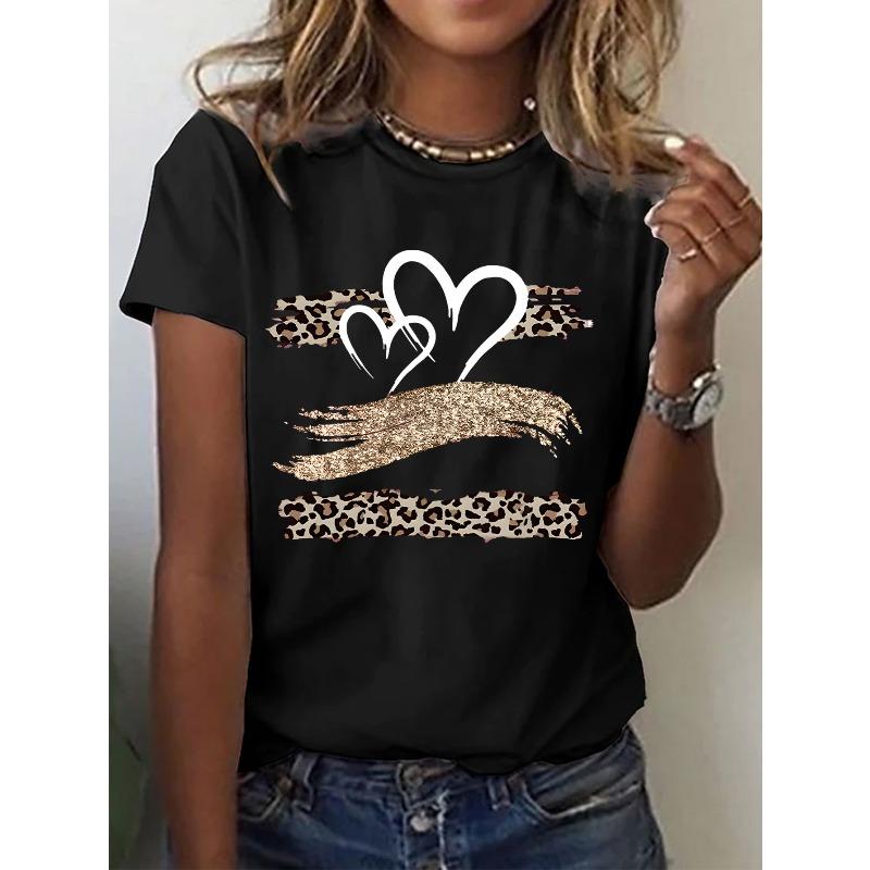 

European Size European Size Design-sensual Leopard Print Women s T-shirt, Spring and Summer New Casual Simple Round Neck Short-Sleeve T-shirtT-shirt, 4XL чорний