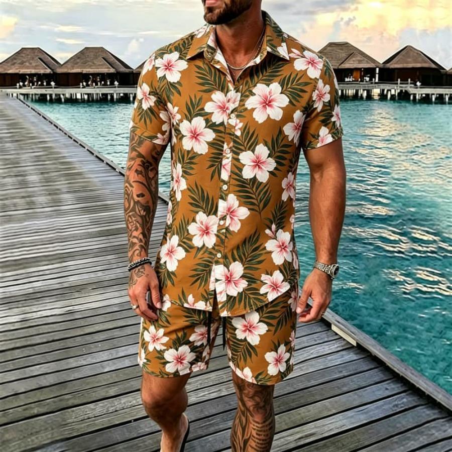 Men's Tropical Floral Print Two-piece Set, Short-sleeve Shirt and Shorts, Perfect for Casual Gatherings