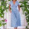 Vestido Midi Estilo Bohemia Cuello en V Manga Corta Cintura Alta Vestido de Mujer con Bolsillos Bajo Fluido Vestido Línea A