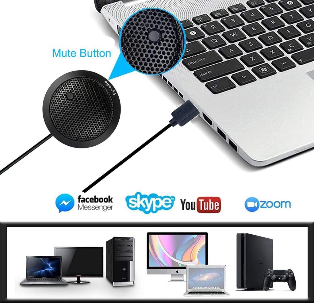 Fyvadio USB Conference Omnidirectional Condenser Microphone for with Mute Compatible with Online Zoom and Skype Plug and Play Microphone, 360° PC,