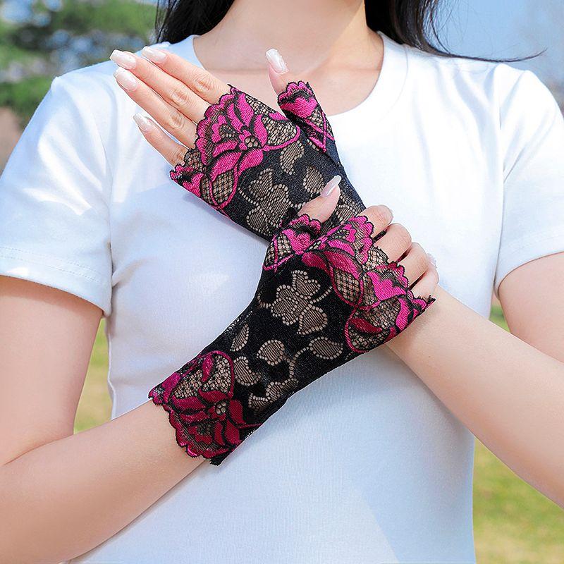 

Summer Thin Lace Sun Protection Gloves Women Half Finger Elastic Mesh UV Protection Driving Cycling Sailor Dance Etiquette Rose red half finger 2 pairs All yards