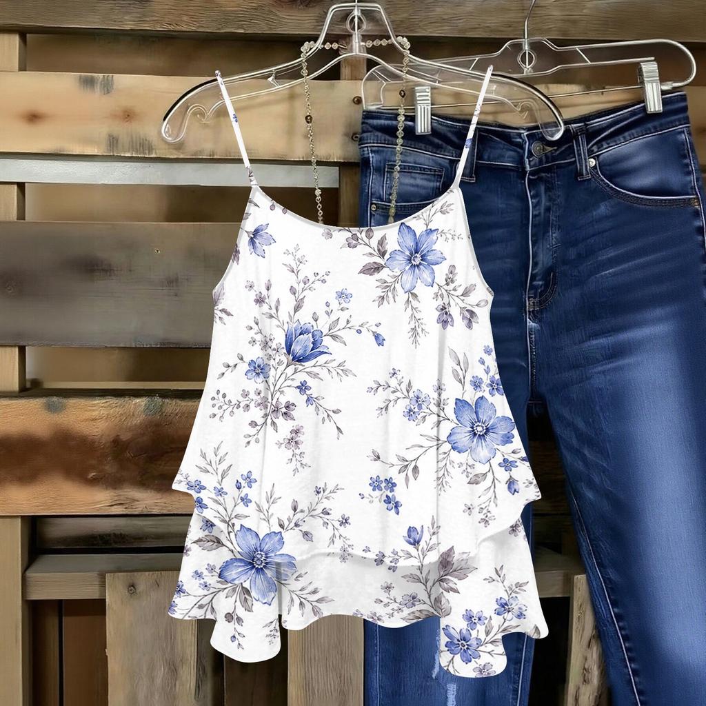 Women Sleeveless Floral Print Double Layer Camisole Top Lightweight Spaghetti Strap Summer Blouse Casual Loose Fit Shirt