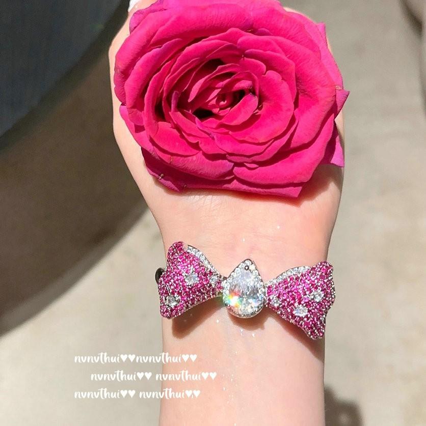 Italian Retro, Rouge Pink Bow, Gemstone Bracelet, Golden Butterfly, Colored Treasure Zircon Necklace, Set.