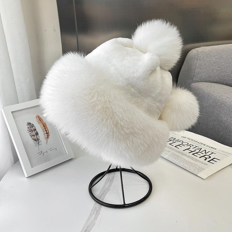 Women real fox fur hat Winter warm ear-protecting princess fur straw hat Girl outdoor thickened whole fur rex rabbit fur ski hat