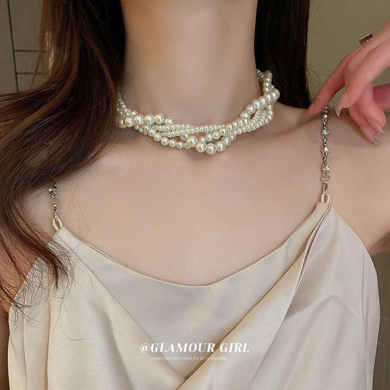 Twist winding multi-layer pearl necklace French retro fashion temperament collarbone chain personalized versatile design sense necklace