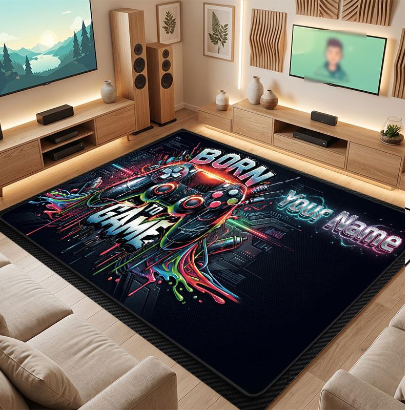 Game Controller Theme Crystal Velvet Floor Rug Personalized Custom Name Text Warm Carpet Home Decoration