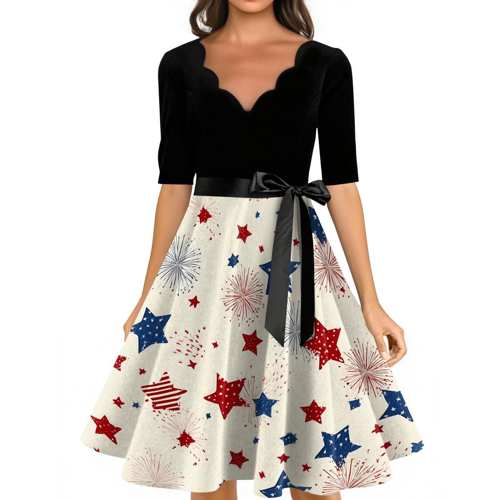 Women’s Vintage Scalloped Neck Half Sleeve Fit and Flare Dress with Star and Firework Print A Line Midi Skirt Tie Waist