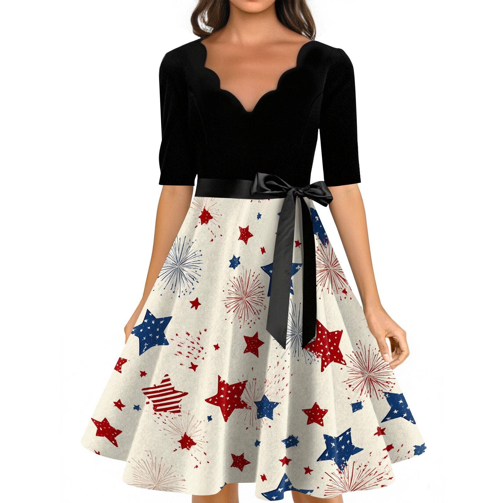 

Women’s Casual Fashion Independence Day Printed V-Neck Retro Short-Sleeve Dress M