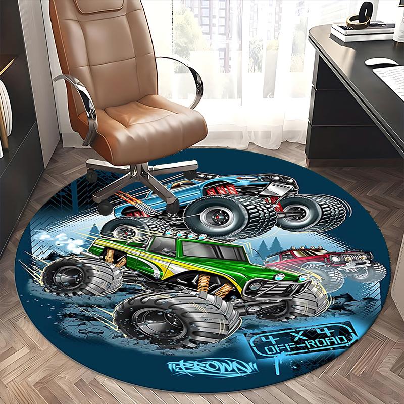 Monster Truck,Off-Road Adventure Chair Mat Round Rug-Office Carpet, Machine Washable, Non-slip, Suitable for Living Rooms, Bedrooms, Entrywa
