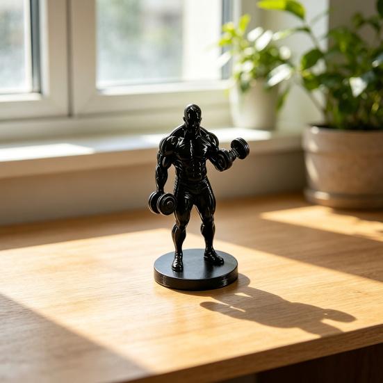 3D Printed Weightlifter Ornament, Black Statue Muscular Man Figurine, with Dumbbells Gym Tabletop Sculpture Gift for People Love Fitness