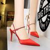 Women's Thin Heel 9.5cm High Heel Silk Satin Pointed Hollow Out Summer Shoes Rhinestone One-sided Belt Sandals