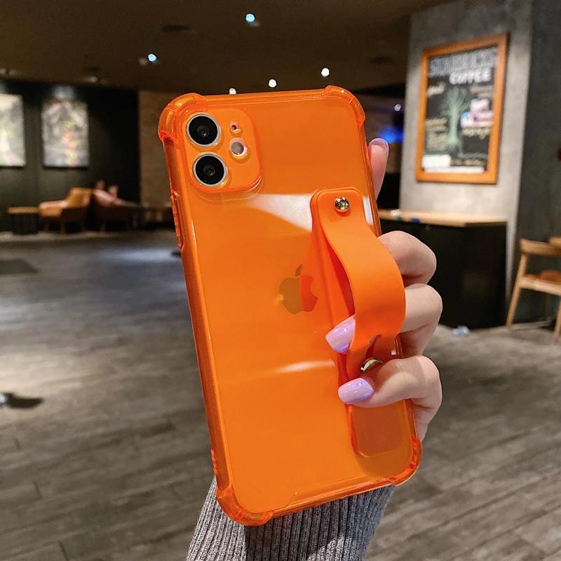 Soft Wrist Strap Phone Case For iPhone 11 12 13 14 15 16 17 Pro Max X XR Xs Max Plus Kickstand Transparent Bumper  Cover