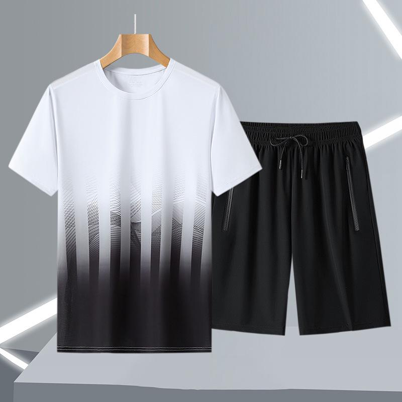 Summer Sports Tie-Dye Gradient T-Shirt Set for Men and Women: Casual Round Neck, Short Sleeve.