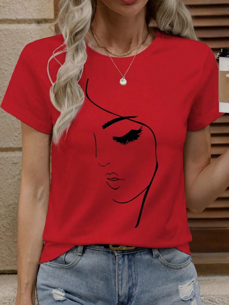 Women's Simple Line Graphics T-Shirts Casual Short Sleeves O-Neck Tops Loose Comfortable Tees Oversize Clothes Woman's Clothing