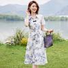 New Chinese Style Printed Tie-Waist Lapel Shirt Dress