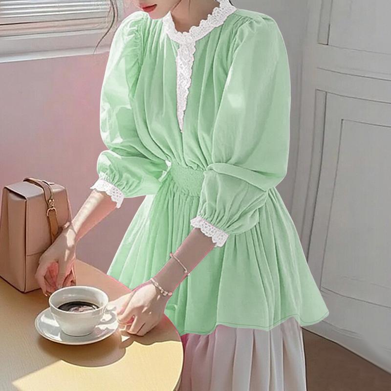 ZANZEA Women Lace Splice Stand Collar Casual Long Sleeve Blouse