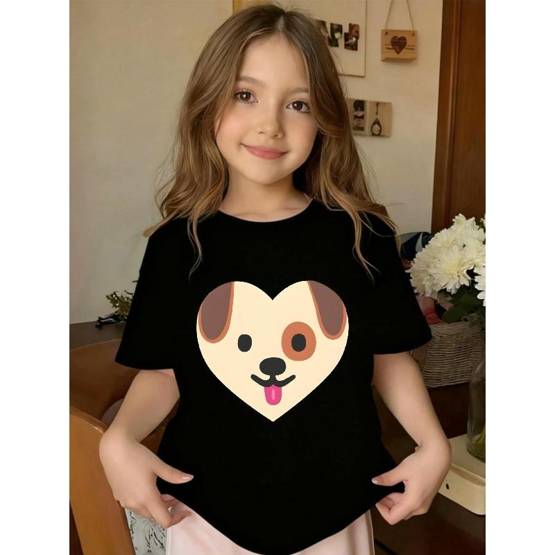 European sizes Heart-print Puppy Print Crew Neck Short-sleeved T-shirt, Casual and Stylish, Perfect for Summer Outings.