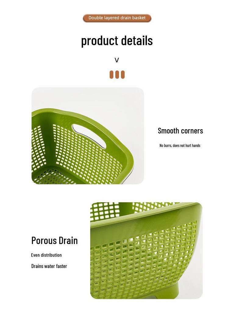 Dual-Layer Draining Basket for Vegetables, Fruits, and Rice - Large Capacity Storage Basin