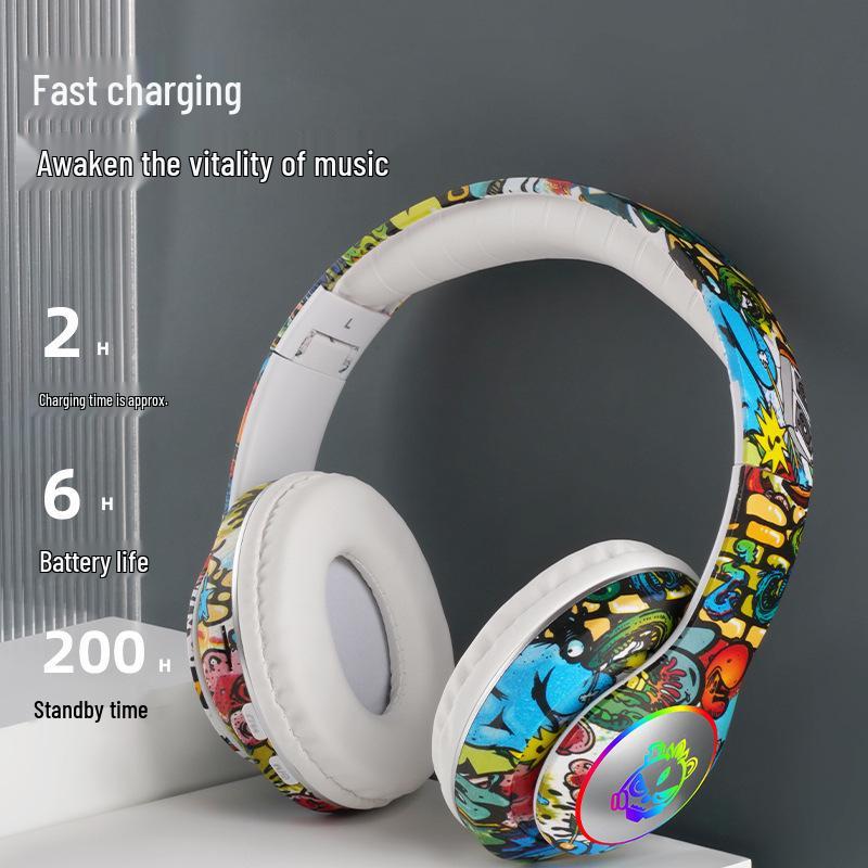 LED Luminous Cross-border Graffiti Bluetooth Gaming Headset with Wireless and Card Insert Features