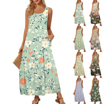 Women's Casual Floor-length Sundress Summer Beach Dress Round Neck Sleeveless Loose  Print Sundress