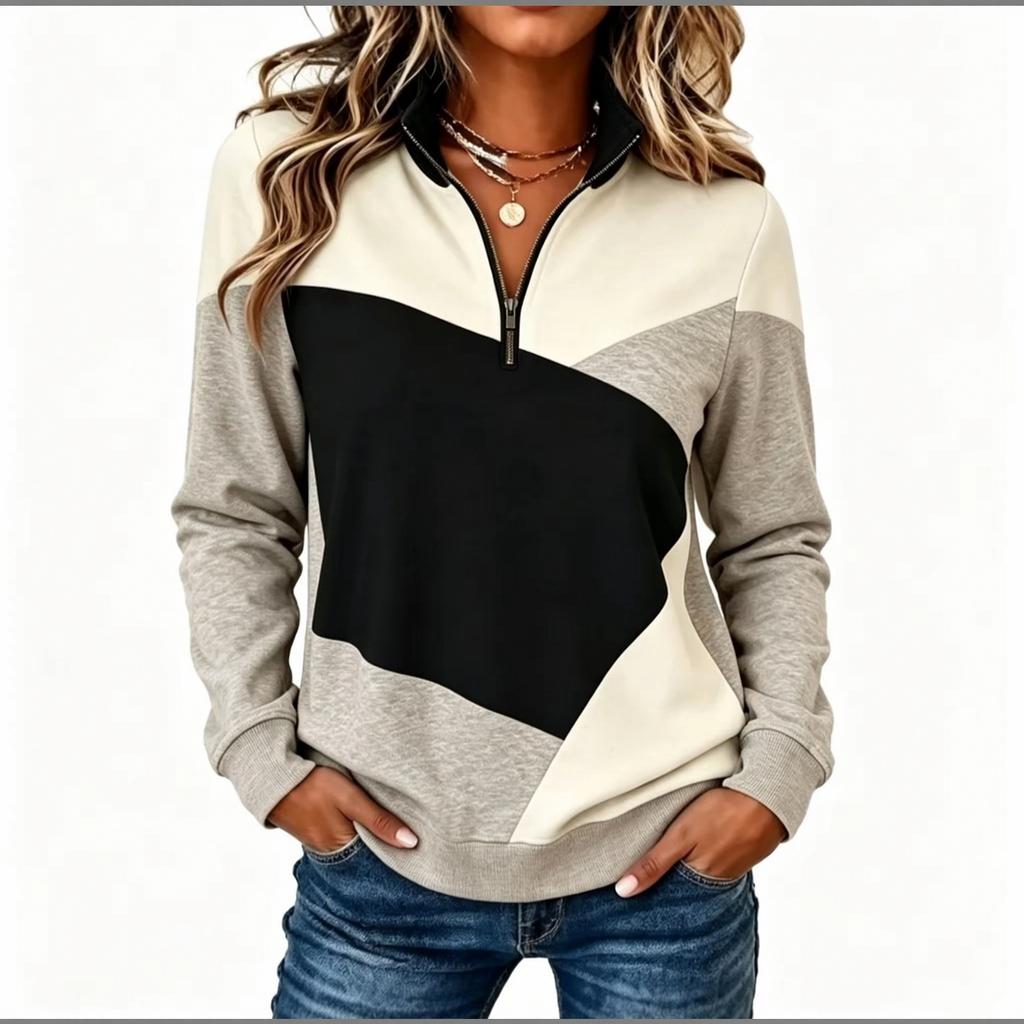 Women's Half-Zip Color Block Sweatshirt, Stand Collar Long Sleeve Geometric Pullover for Casual Wear