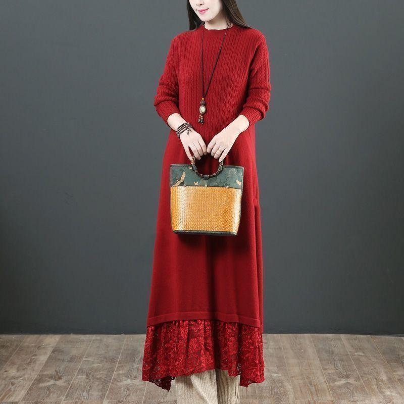 Autumn and Winter Women's Thick Wool Sweater Dress Lace Patchwork Plus Size Knitted Dress Long Casual Dresses