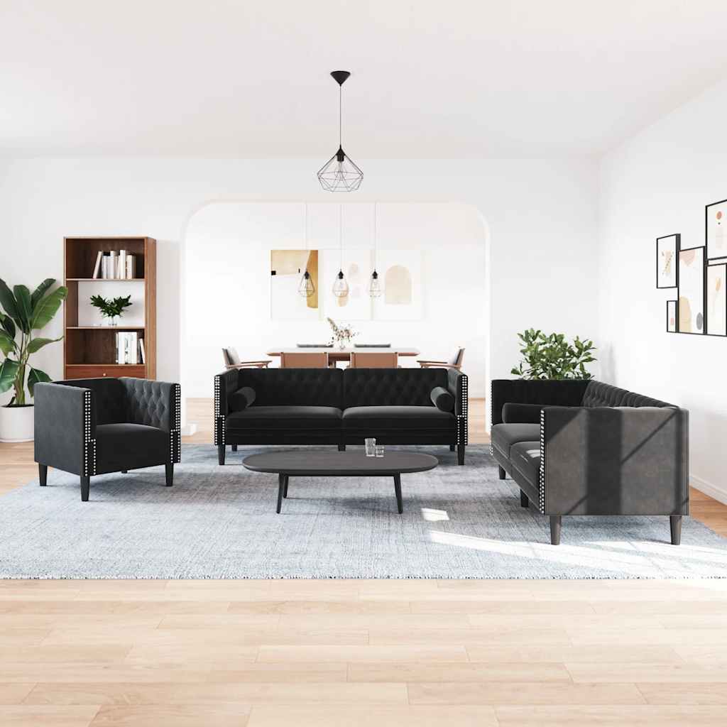 Vidaxl 3-Cz. Chesterfield Relaxation With Rollers, Black, Velvet