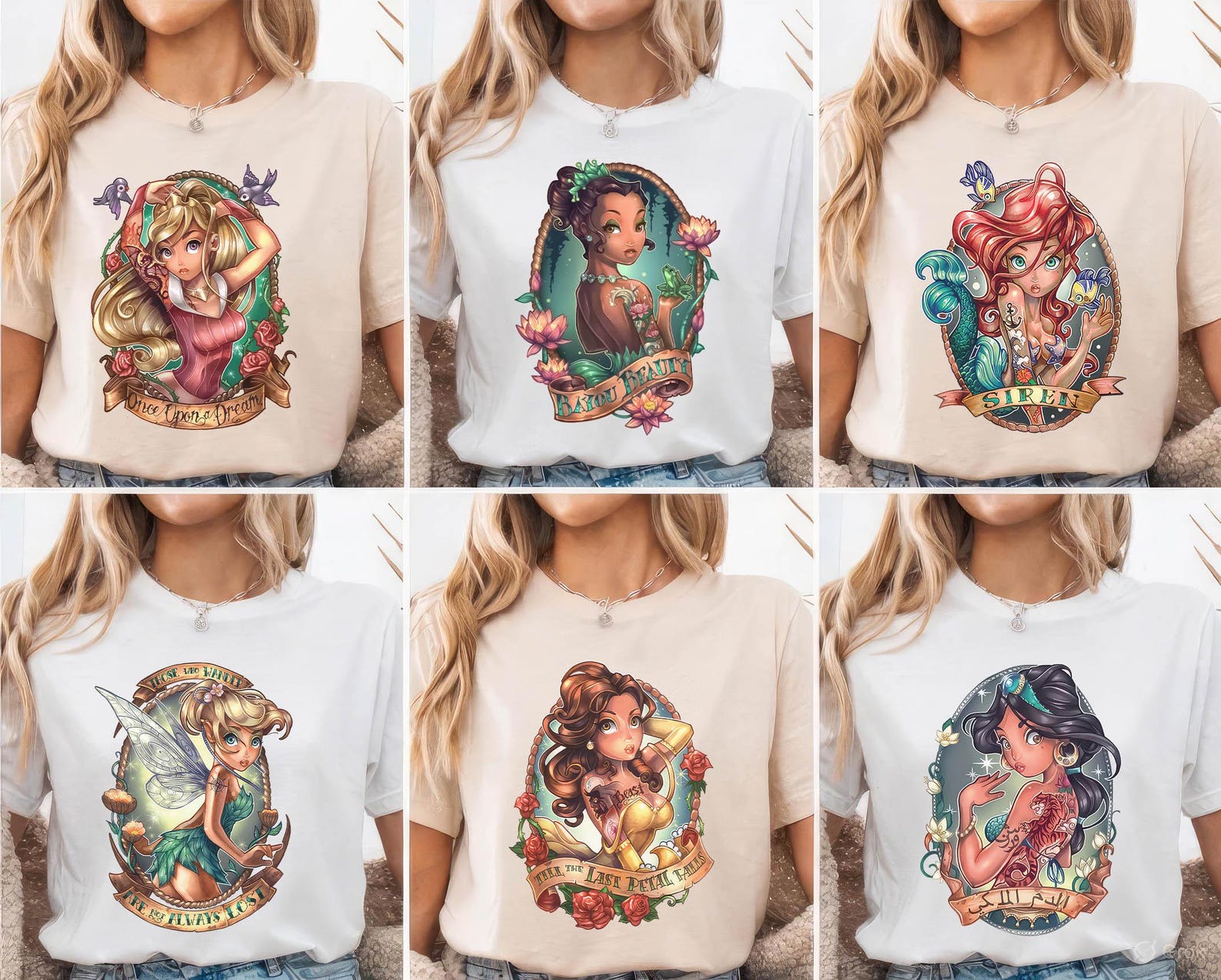 Disney Princesses As Tattooed Shirt, Aesthetic Disney Princess, Punk Princess Shirts, Disney Squad, All Princess, Tattoo Rocker Princess L