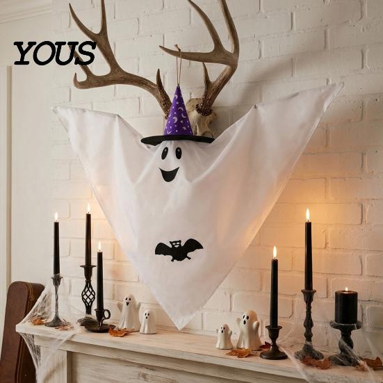 Ghost Decoration for Yard Halloween Hanging Decoration, Cute Flying White with Witch Hat Wind Flowing And Bat Pattern Indoor Outdoor Patio