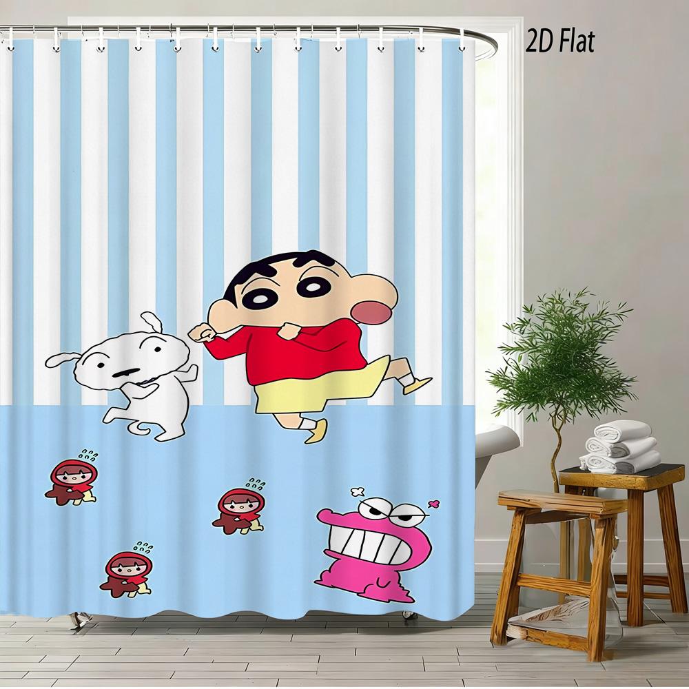 Crayon Shin-Chan & Friends & Shiro & Strange Creature On Green Grass Scene 2D Print Waterproof Shower Curtain, Bright Green Bath