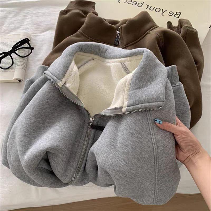 Warm Lamb Wool-Style Zipper Jacket: Autumn/Winter Casual Stand-Up Collar Sweatshirt