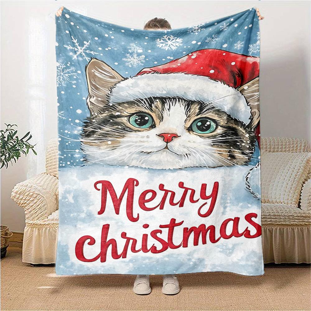 Christmas Cat Card Blanket Soft Throw Blanket For Home Bedroom Bed Sofa Travel Office Solid Christmas Blanket