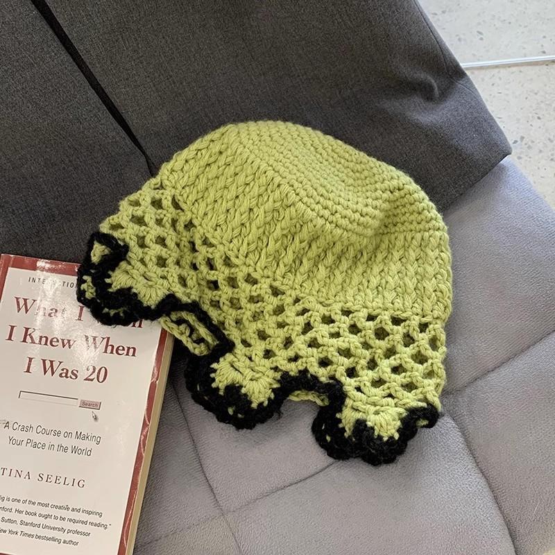 Blue Knitted Wool Cap Women Spring Korean All-match Forest Style Lace Edge Bucket Hat Fashion Big Headband Fisherman Hat