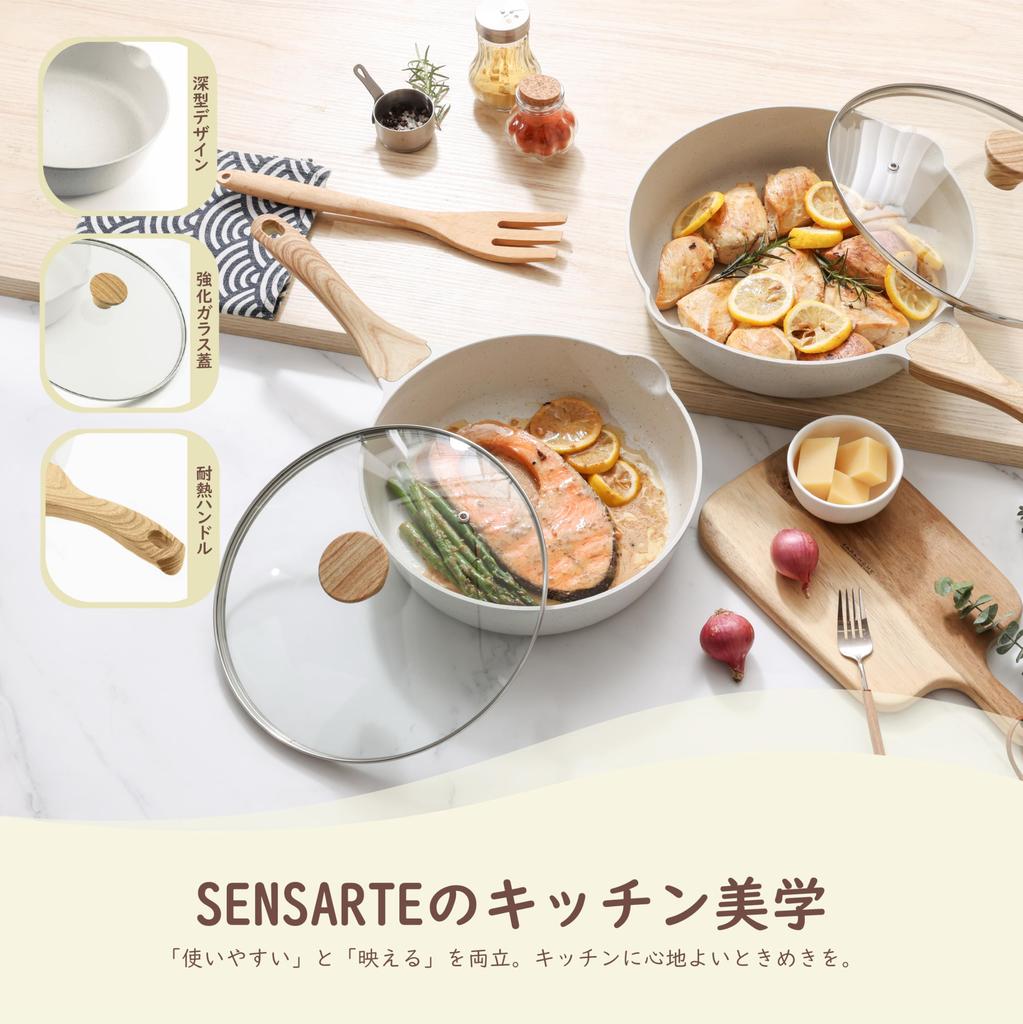 SENSARTE Deep Frying with Marble Easy To Chinese High Heat 1 Year White Pan, 28cm, Lid, Coat, IH/Gas Compatible, Stir-Fry Pan, Non-Stick, Clean, Wok,