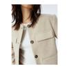 Stamp Crop Jacket Round Collar Buttoned Pocket Soft Textured