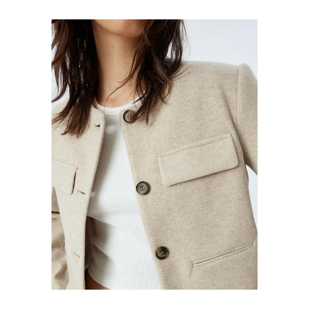 Stamp Crop Jacket Round Collar Buttoned Pocket Soft Textured