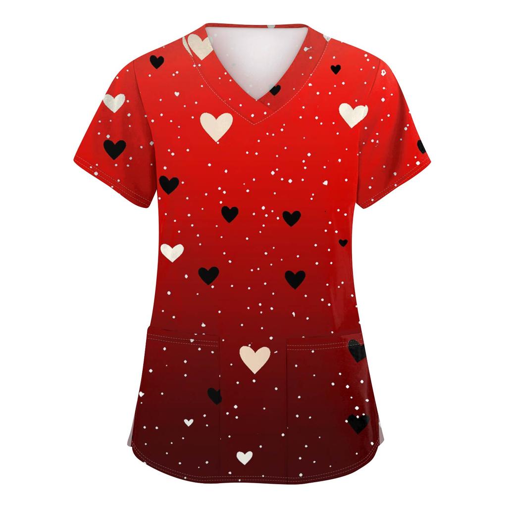 Women's Fashion V-Neck Short-Sleeved Workwear With Pockets Valentine's Day Printed Top Caregiver Uniform