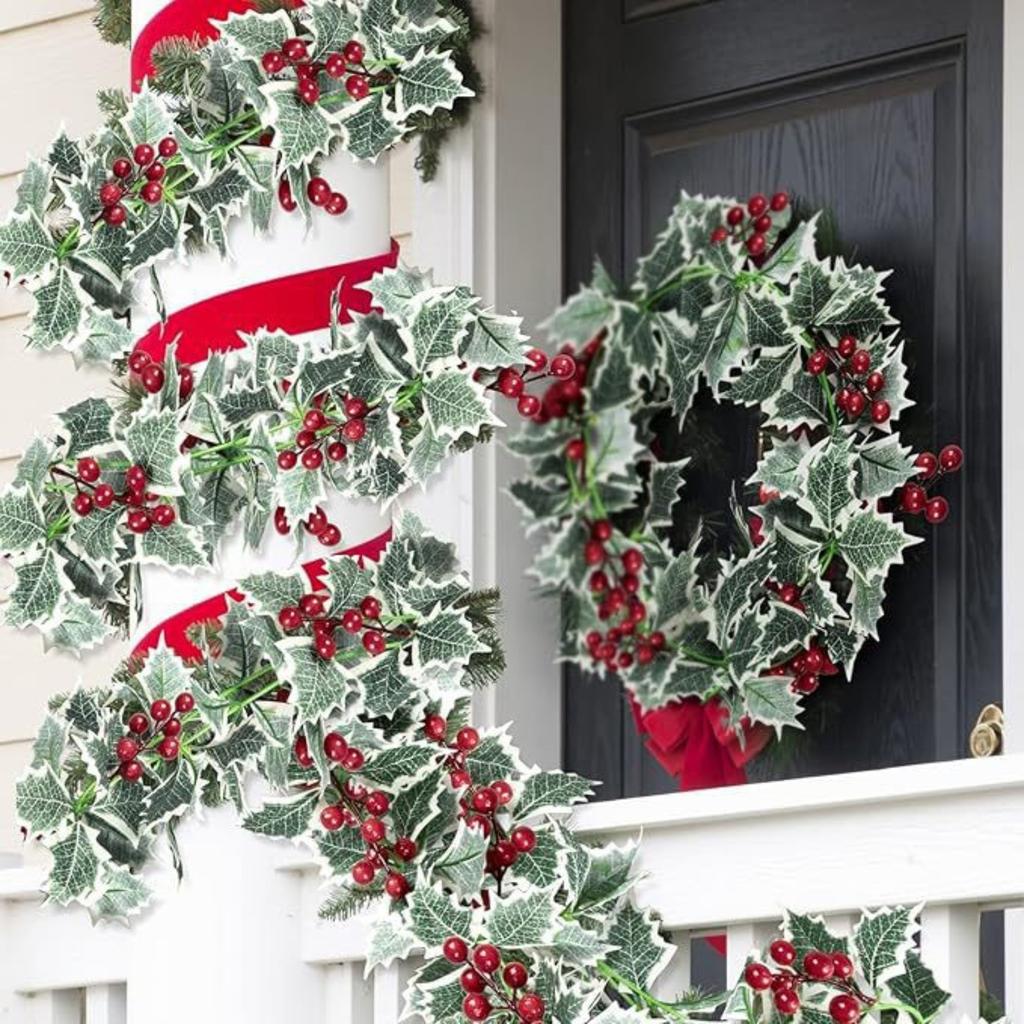 2pcs 2m Xmas Berry Holly Leaves Garland Christmas Faux Garland Winter Snowy Red Berries Hanging Vine For Christmas Wedding Party Decoration