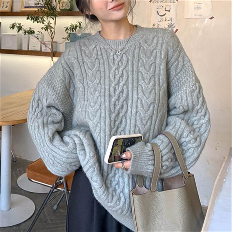 Retro crew neck twist simple solid color temperament pullover knitted sweater top versatile and thin sweater women's outer wear