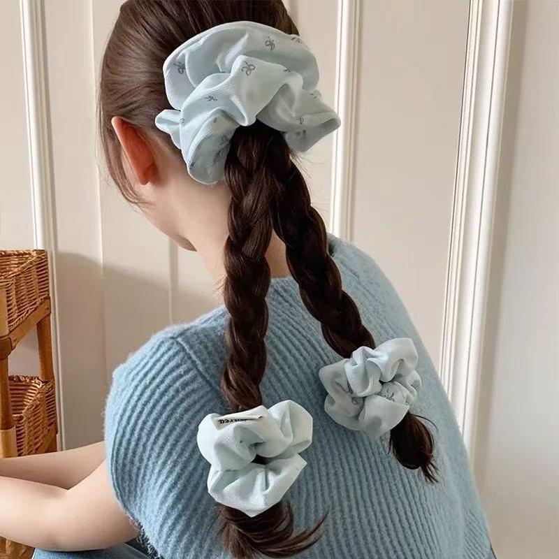 Korean Style Blue Bowknot Printed Large Elastic Hair Band,a Sweet and Fresh Hair Accessory for Women To Make Buns and Ponytail
