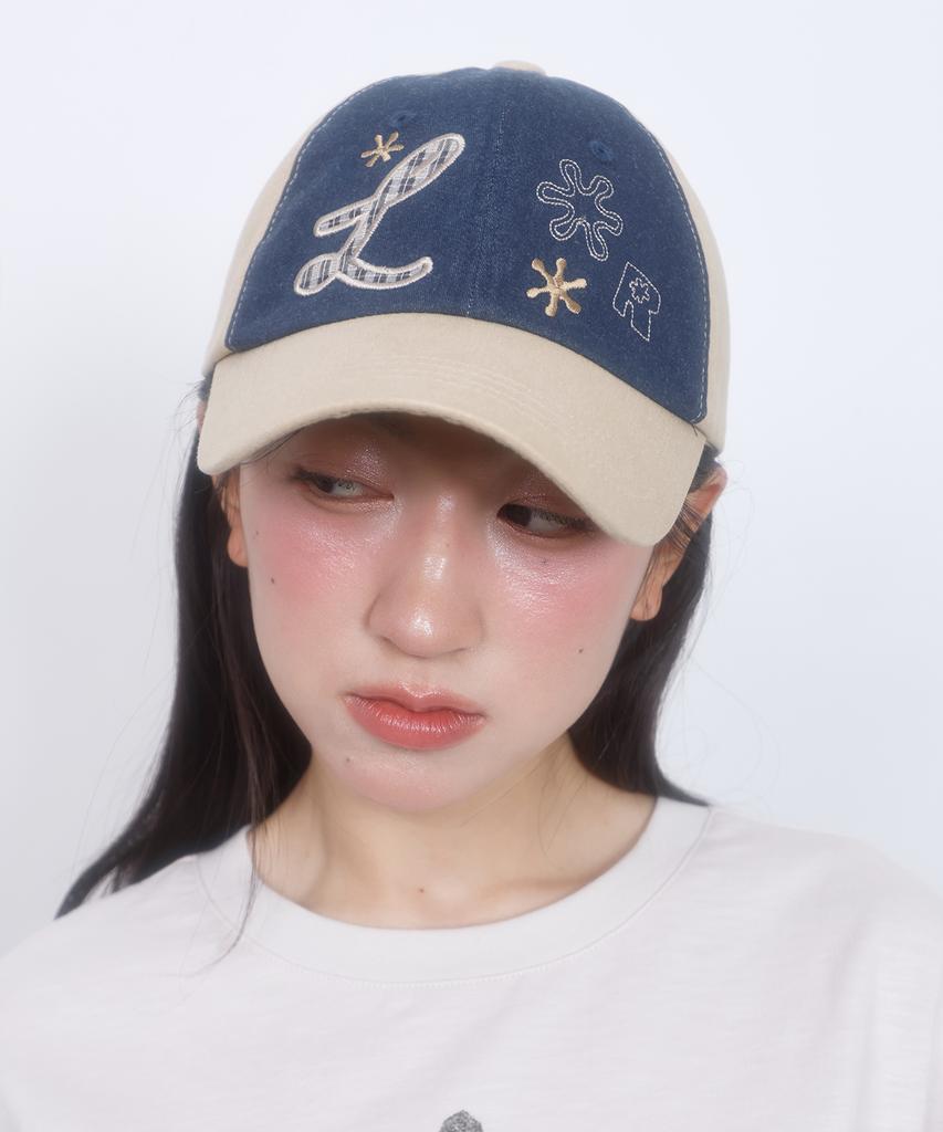 LMR Motif Applique Embroidery Two-Tone Ball Cap Beige