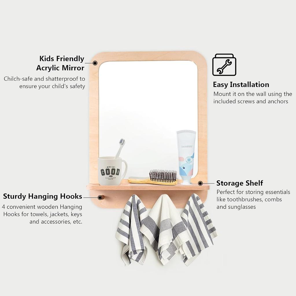 Wooden and Acrylic Wall Mirror for Kids with Hooks and Shelf, Baby Safety Shatterproof Entryway Acrylic Wall Mirror, Unbreakable Wood Frame Toddler