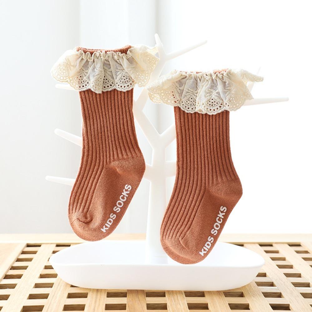 Non Slip Dots Kids Mid Calf Socks Lace Trim Girls Socks Cute Baby Socks Toddler Walking