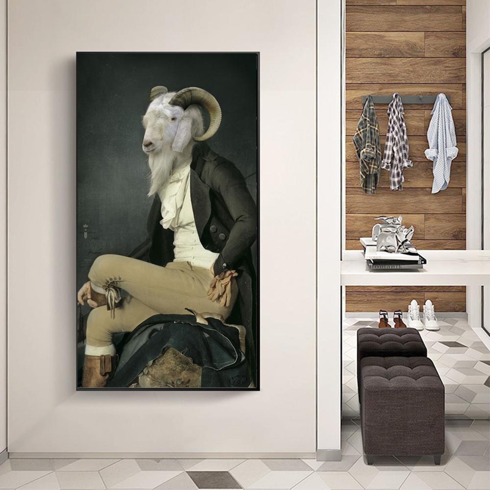 Canvas Painting Retro Nostalgia Gentleman Oil Paintings Wall Art Ram Animal Poster Prints For Living Room Home Wall Modular