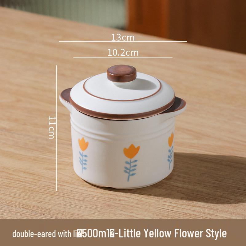 Double-Eared Insulated Ceramic Stewing Pot with Lid for Soups and Egg Custard