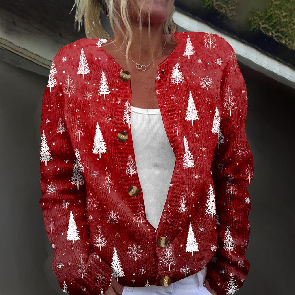 Women's Fashion Christmas Printed Long Sleeve Knitted Cardigan Button Down Jacket