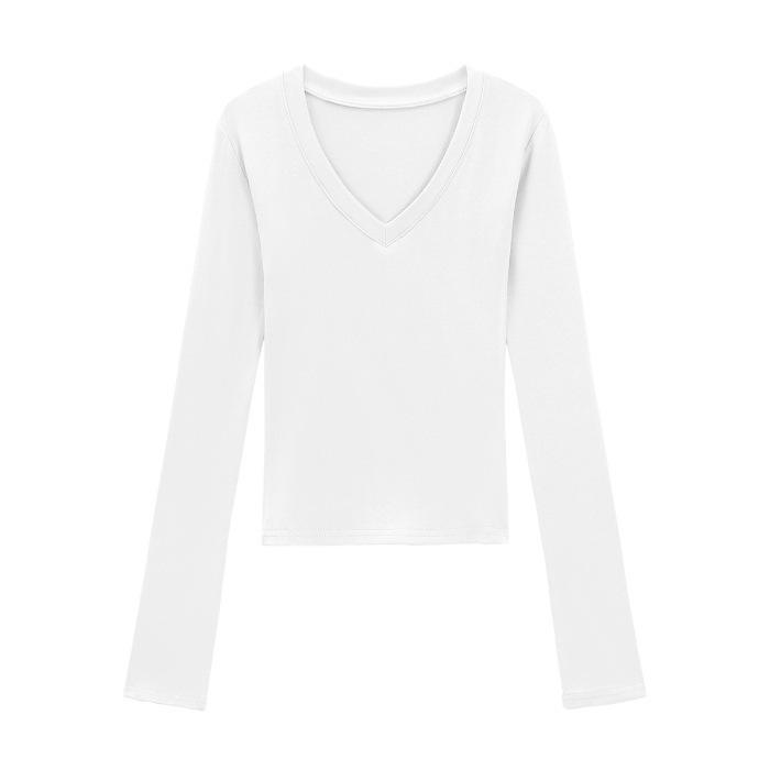 Cotton V-neck front shoulder T-shirt women's spring and autumn new Spice Girl slim and thin sexy long-sleeved bottoming shirt top